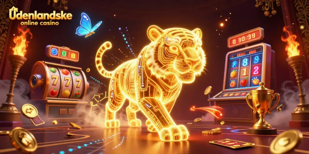 Experience the excitement of udenlandske online casino with a golden tiger prowling through a digital casino landscape.