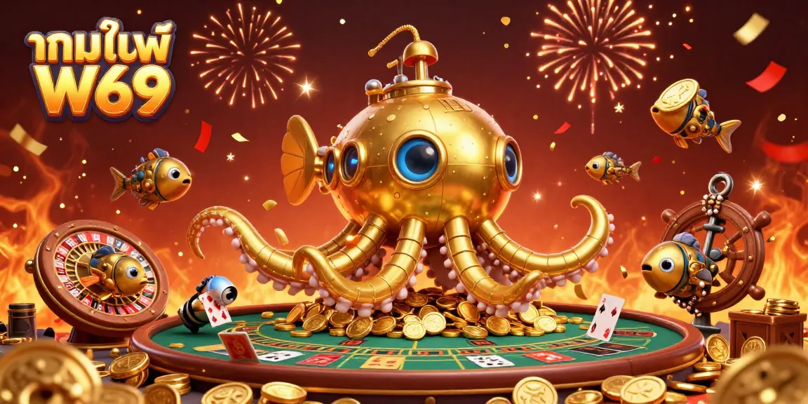Experience exciting gameplay with เกมไพ่ W69 in a vibrant 3D casino scene filled with themed elements.