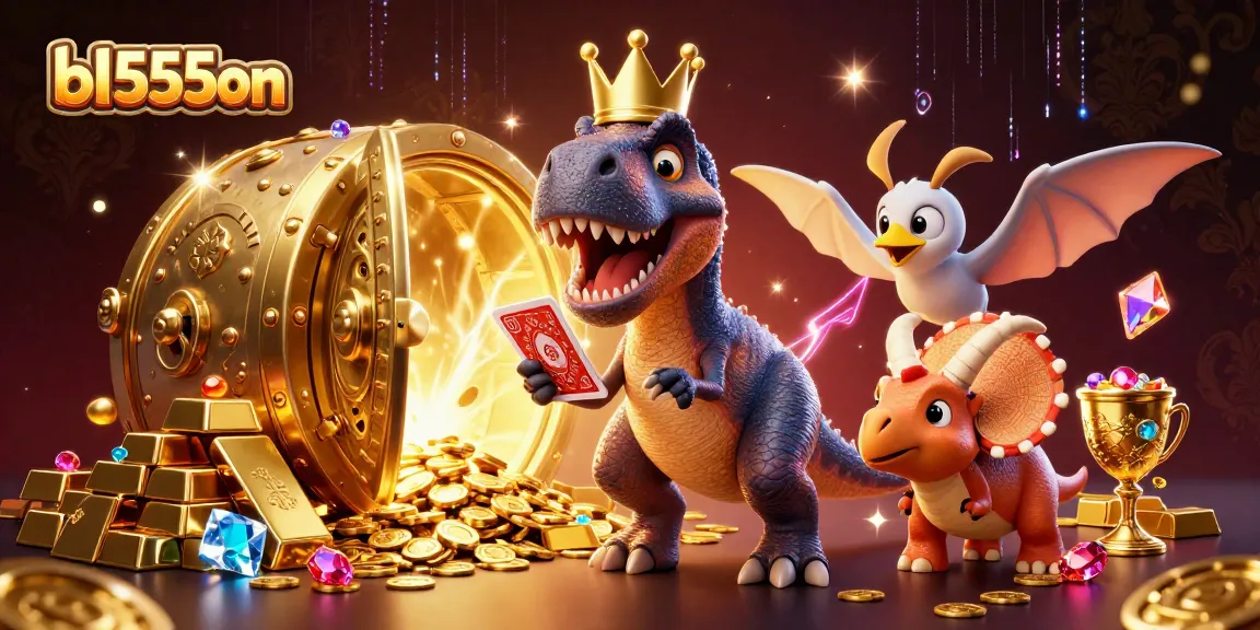 Engage with the exciting world of bl555on featuring cartoon dinosaurs enjoying card games amidst a treasure vault.