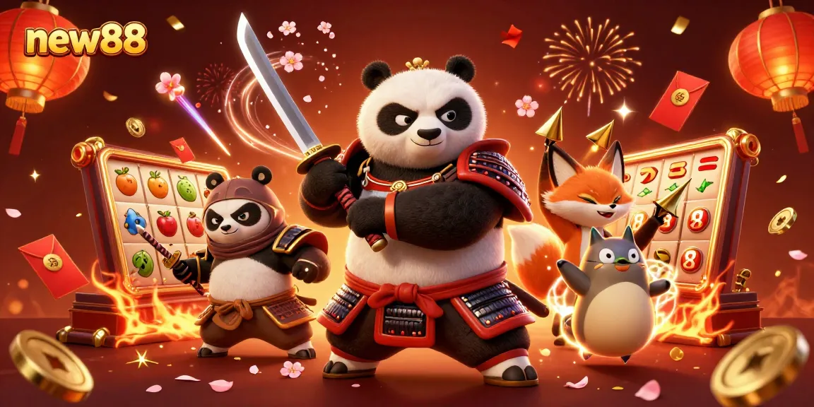 Experience exciting gambling adventures with new88 featuring a fierce panda samurai and vivid slot elements.