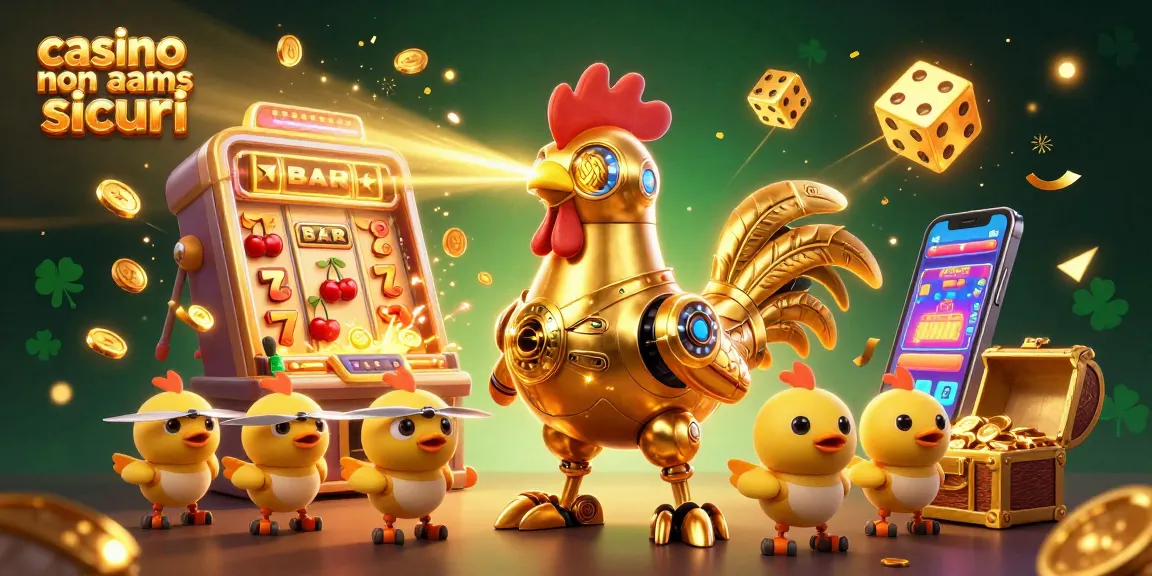 Gioca nei migliori casino non AAMS sicuri con un robot gallo d'oro che lancia raggi luminosi e porta jackpot straordinari.