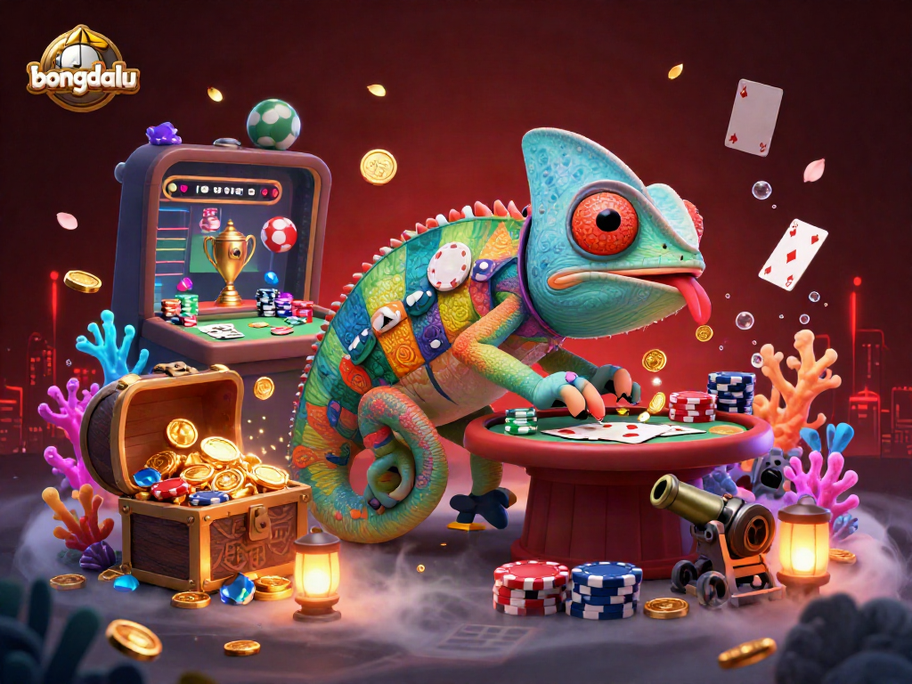 Bongdalu showcases an engaging casino scene with a colorful chameleon owner amidst vibrant sports betting and poker elements.