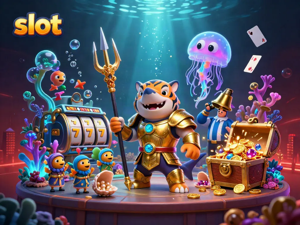 Play exciting slot games with a 3D shark gladiator amidst gold and gems in a vibrant underwater scene.