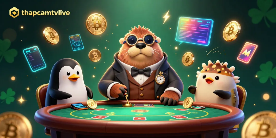 Experience poker action with thapcamtvlive in a vibrant underwater illustration featuring unique characters and glowing blockchain elements.