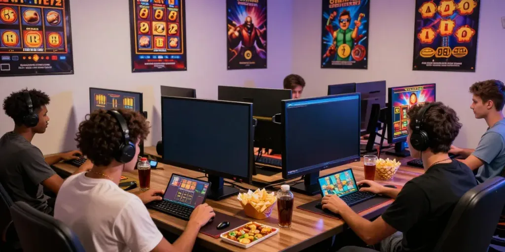 Players enjoying engaging slot games in a lively gaming atmosphere.