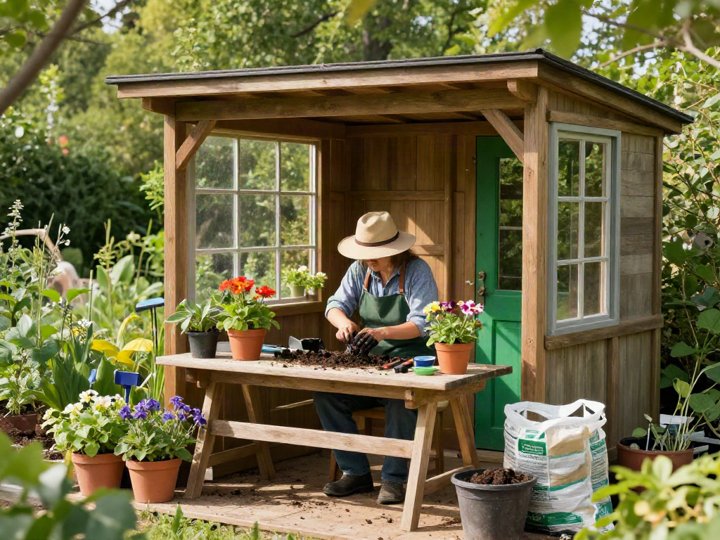 Wooden garden potting shed with gardener potting flowers in a vibrant garden setting.