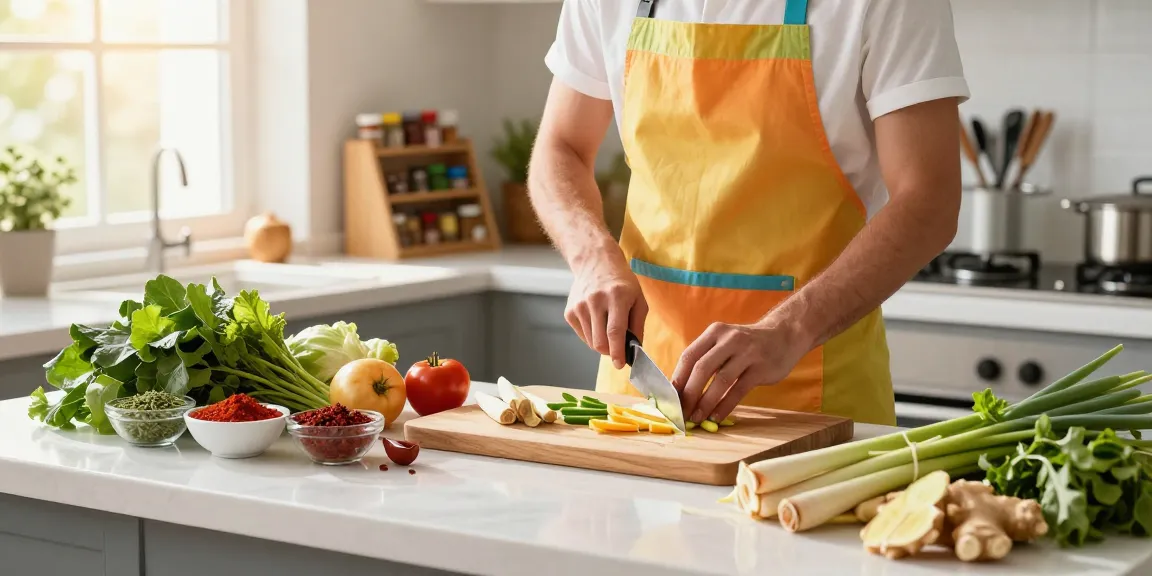 Chef preparing a healthy dish with fresh ingredients like ginger and lemongrass in a bright kitchen, illustrating the essence of สล็อตเว็บตรง.
