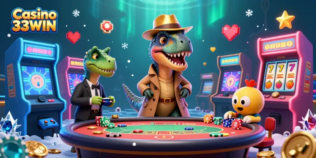 Casino 33WIN features a clever velociraptor card counter amid a lively casino scene