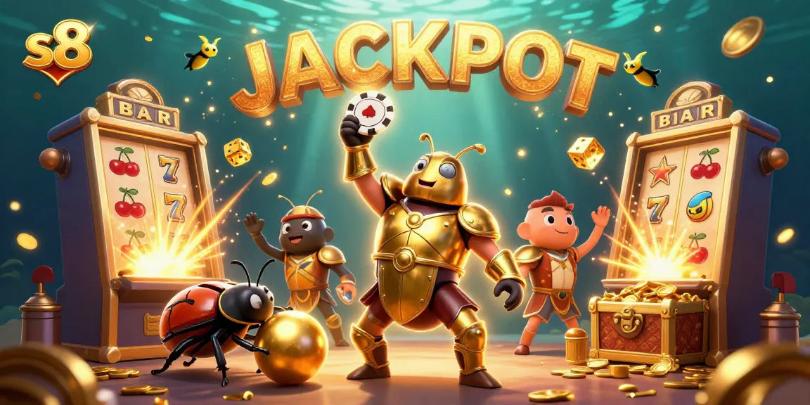 Experience excitement with S8 as a heroic beetle wins a jackpot amidst dazzling casino elements.