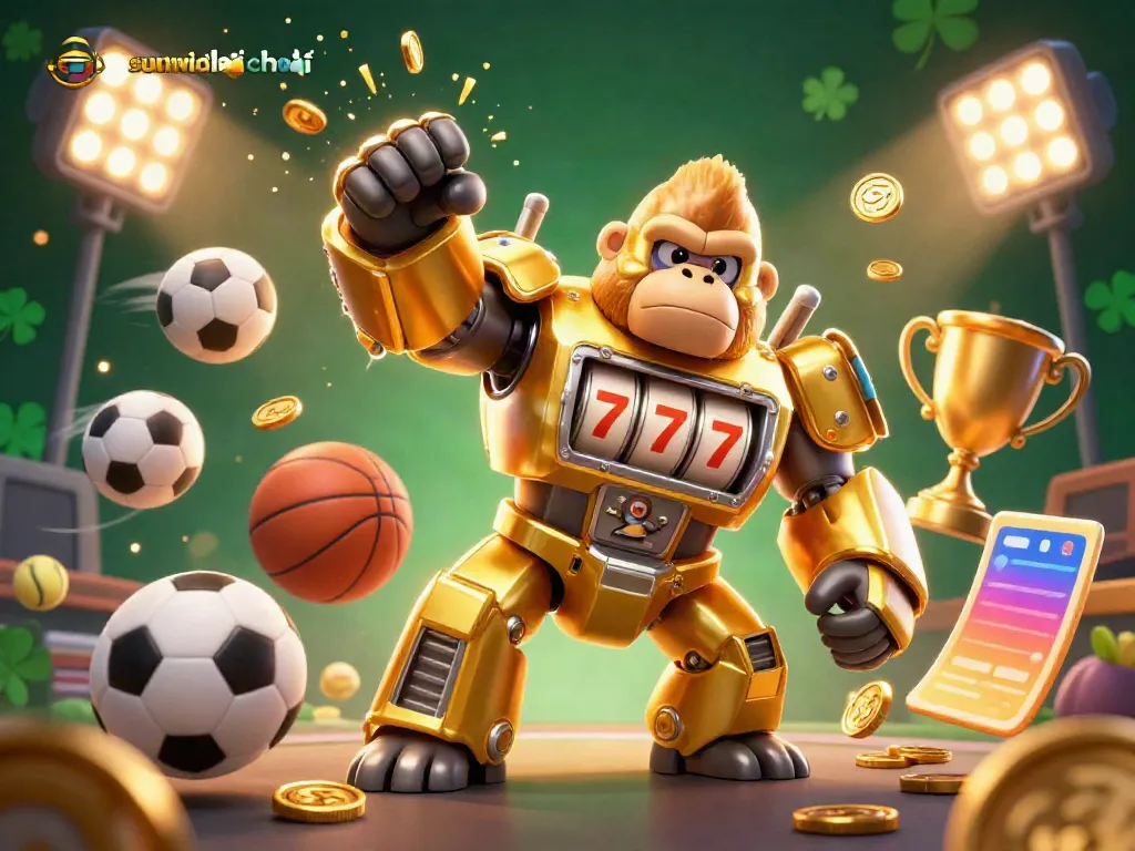 Experience the thrill of sunwin chính thức with a vibrant 3D casino scene featuring a dynamic golden gorilla mech and energetic sports elements.