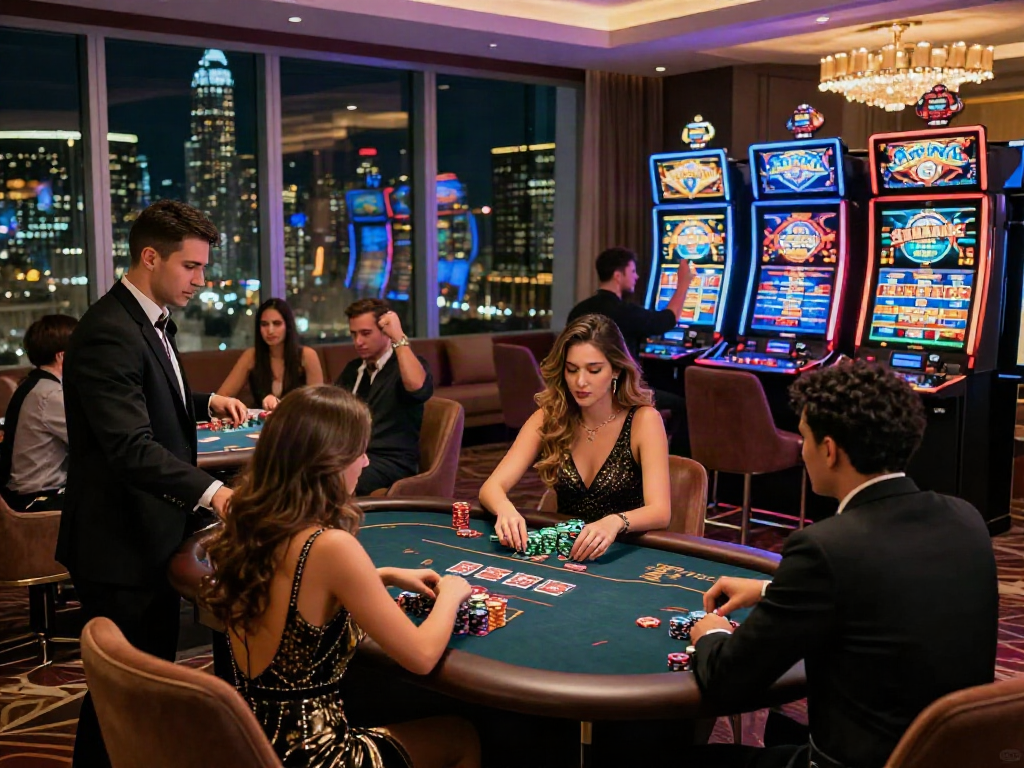 suasana mewah di luxury12 dengan pemain poker dan mesin slot di kasino