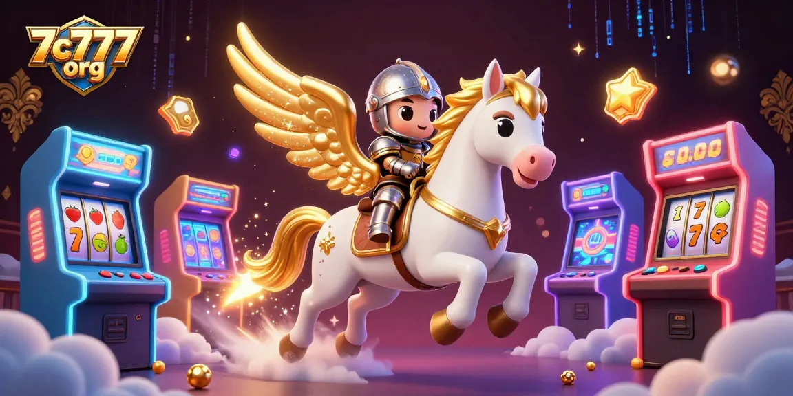 7c777 org captures excitement with a celestial horse and knight in a vibrant casino themed scene.
