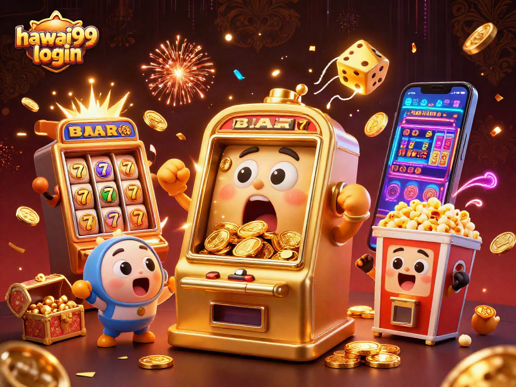 Celebrate your wins with the hawai99 login, as golden coins cascade from a joyful slot machine.