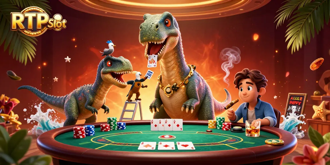 Engage in RTP Slot excitement with 3D characters at a dynamic poker table and casino atmosphere.
