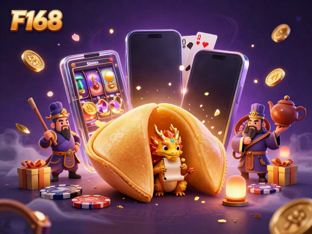 F168 online casino scene with golden fortune cookie, dragon, and vibrant game elements