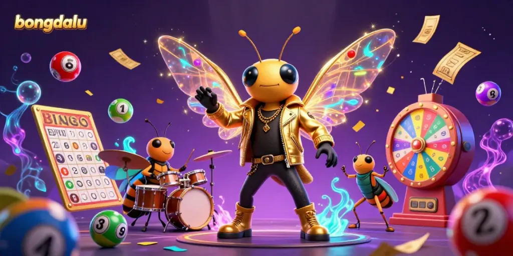 Bongdalu presents a lively scene with a rock star cicada and vibrant elements, capturing the essence of thrilling gaming.