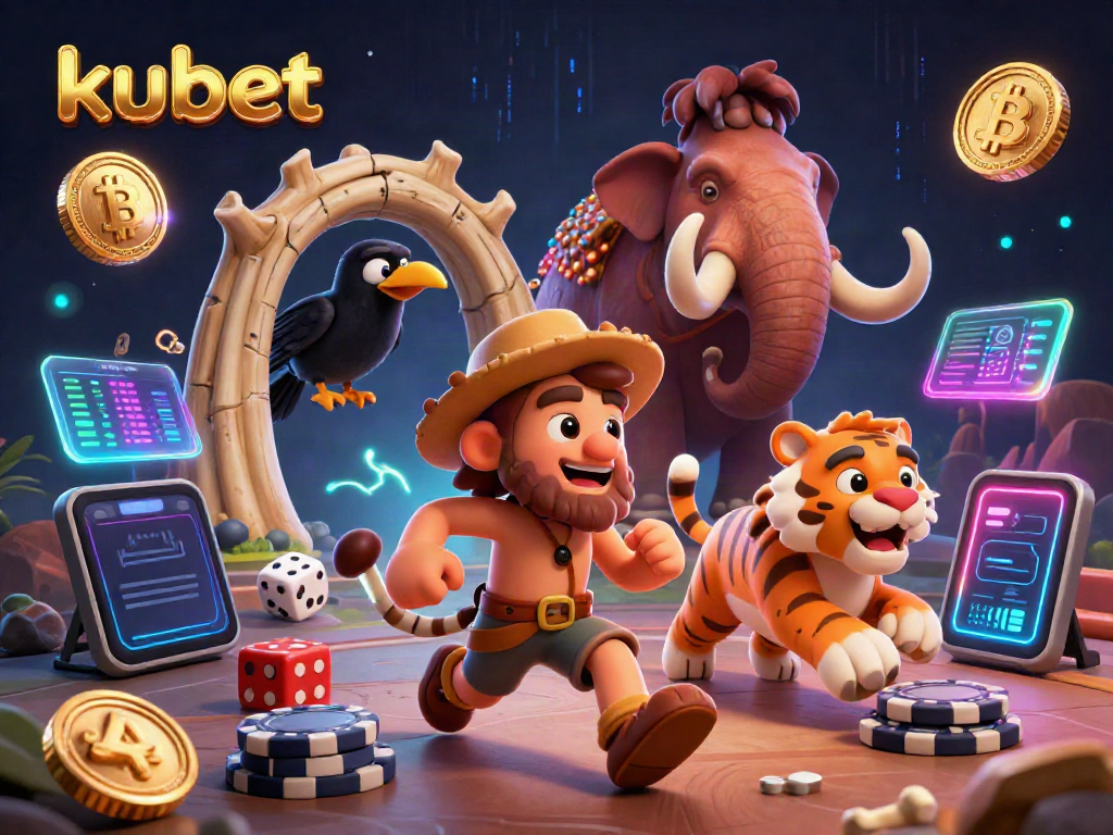 Experience kubet's thrilling gaming scene with a 3D cartoon caveman, sabertooth tiger, and crow as they manage a vibrant prehistoric casino.