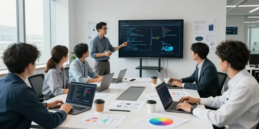 Team collaborating on Enterprise AI models in a modern office setting, showcasing teamwork and innovation.