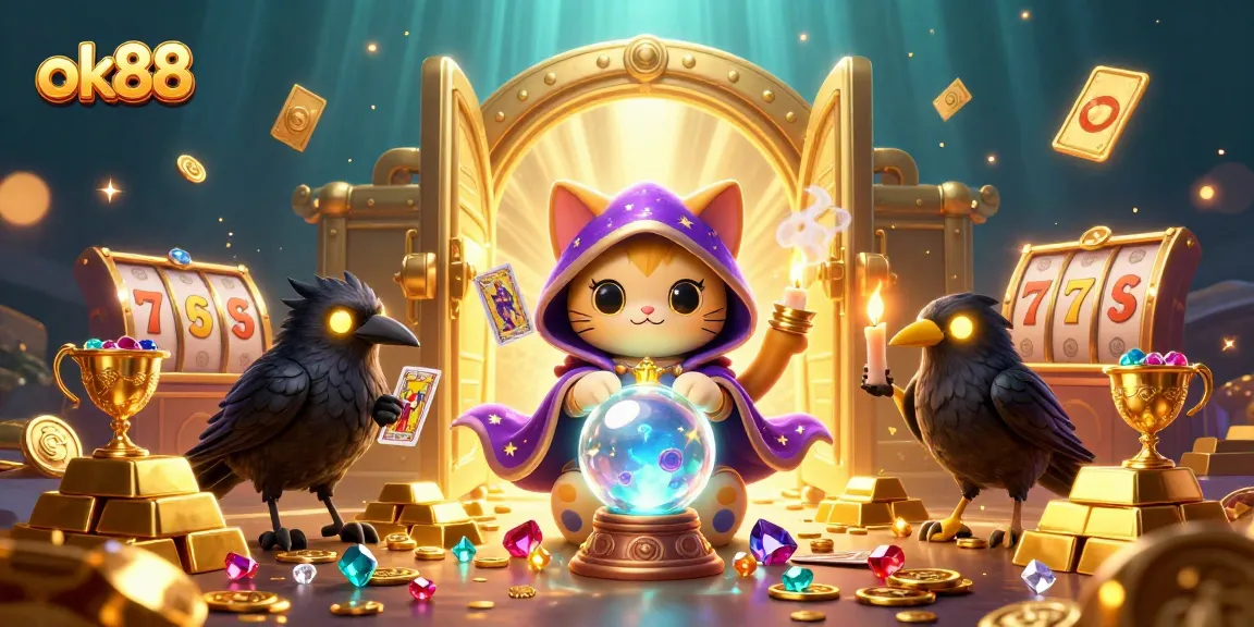 Engage with ok88's captivating 3D illustration showcasing slot gaming excitement in a mystical theme.