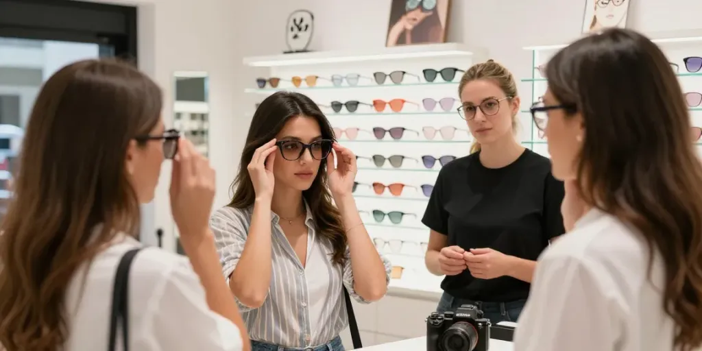 Cliente experimentando óculos na Ótica Avaré, ambiente moderno e colorido.