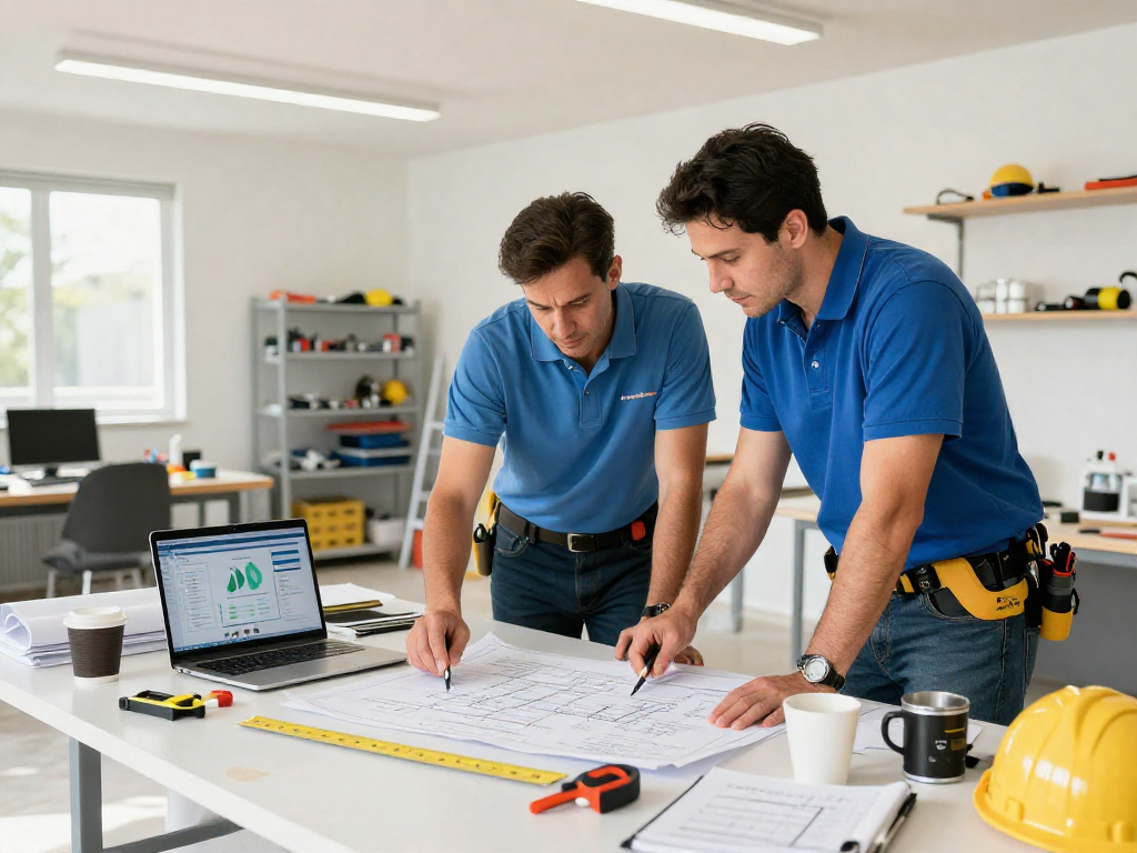 Contractor lead generation strategy session in a collaborative office space with blueprints and tech tools.