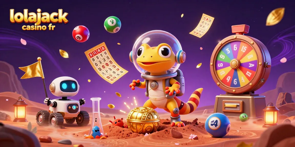Profitez des machines à sous sur lolajack casino fr avec un gecko martien découvrant un casino doré sur Mars.