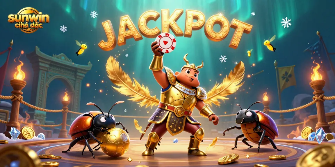 Experience the thrill of sunwin chính thức with a victorious beetle champion lifting a poker chip amidst swirling gold and excitement.