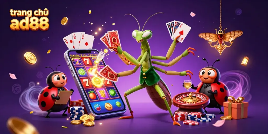 Engage with the enchanting gaming scene at trang chủ ad88, showcasing vibrant slot reels and captivating casino characters.