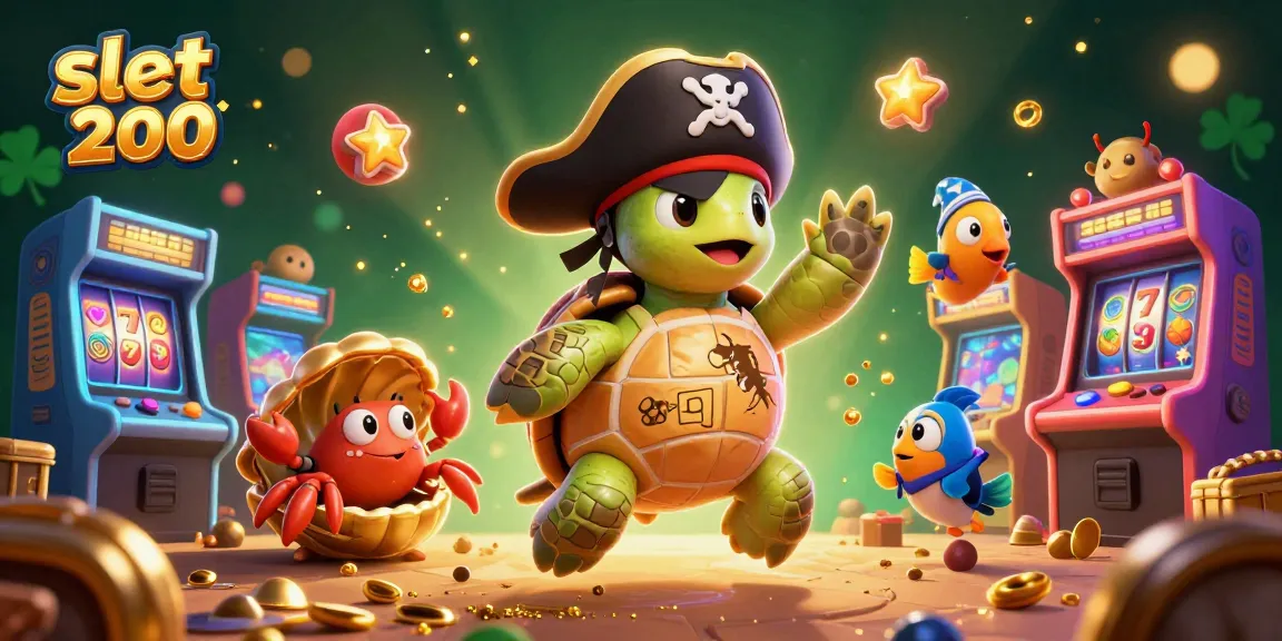 Experience the thrill of the slot bet 200 with a vibrant 3D illustration of a pirate turtle and treasure.