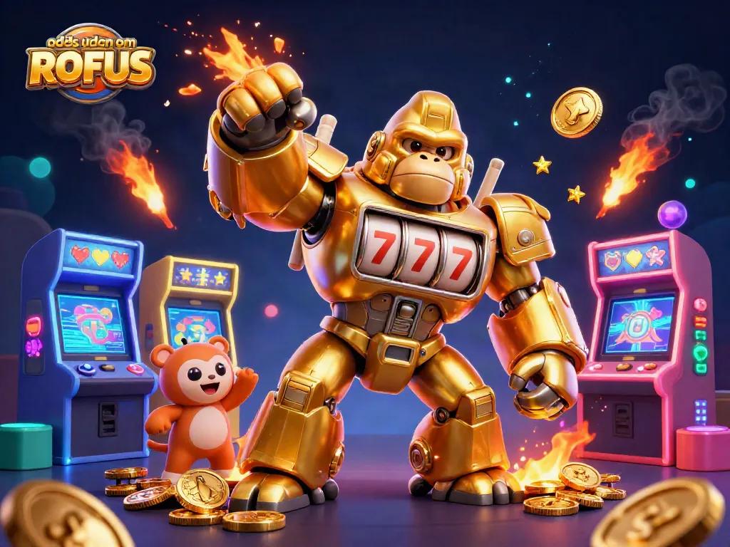 Experience odds uden om ROFUS in vibrant casino-themed 3D illustration featuring dynamic characters and gaming elements.