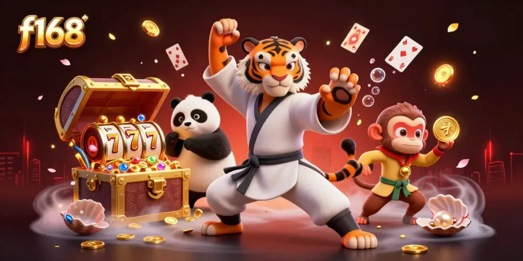 Experience the thrill of f168 with a kung fu tiger mastering casino strategies amidst dazzling game elements.