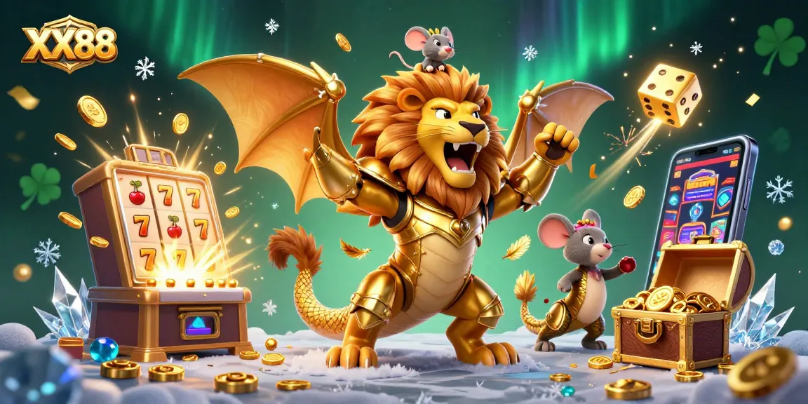 Win big at XX88 with a thrilling casino scene featuring a chimera creature and vibrant game elements.