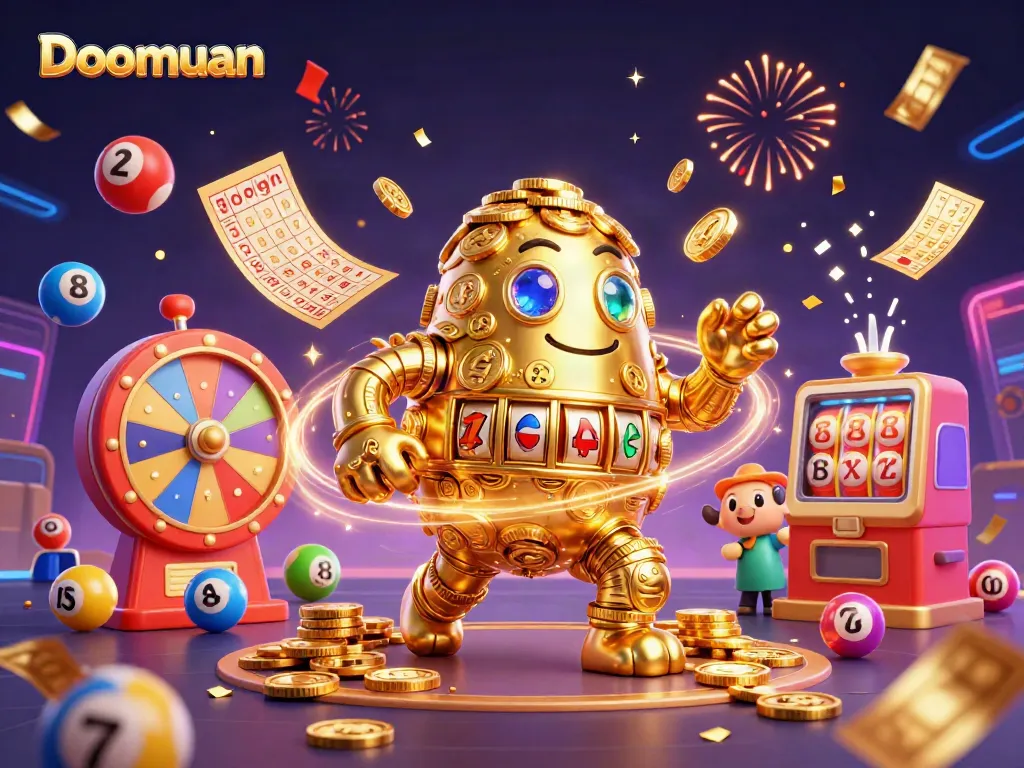 Doomuan offers thrilling lottery experiences with colorful elements in this vibrant illustration