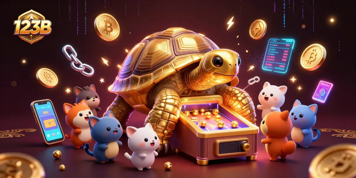 Experience thrilling gameplay at 123B with a colossal tortoise pinball machine surrounded by vibrant crypto elements.