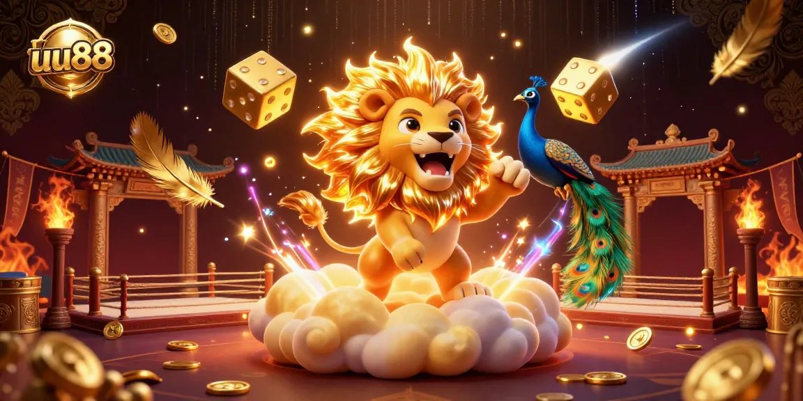 Experience thrilling gameplay with uu88's vibrant casino scene featuring a roaring lion and golden dice.