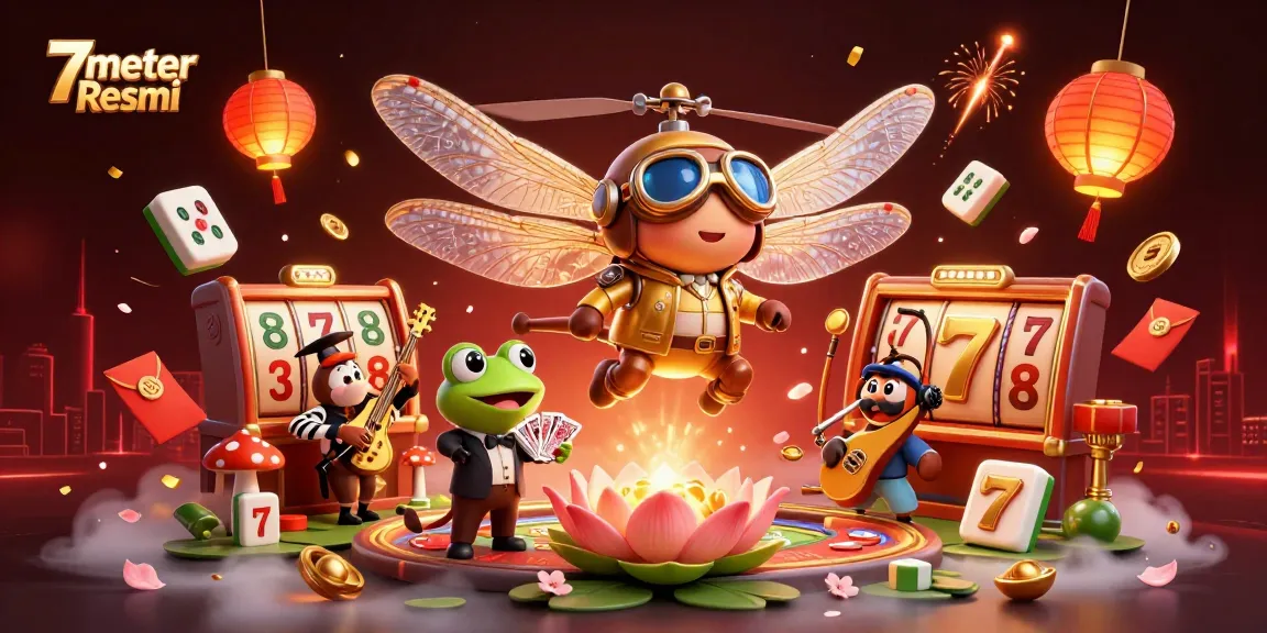 Engage with 7meter Resmi's vibrant casino scene filled with slot reels and festive elements.