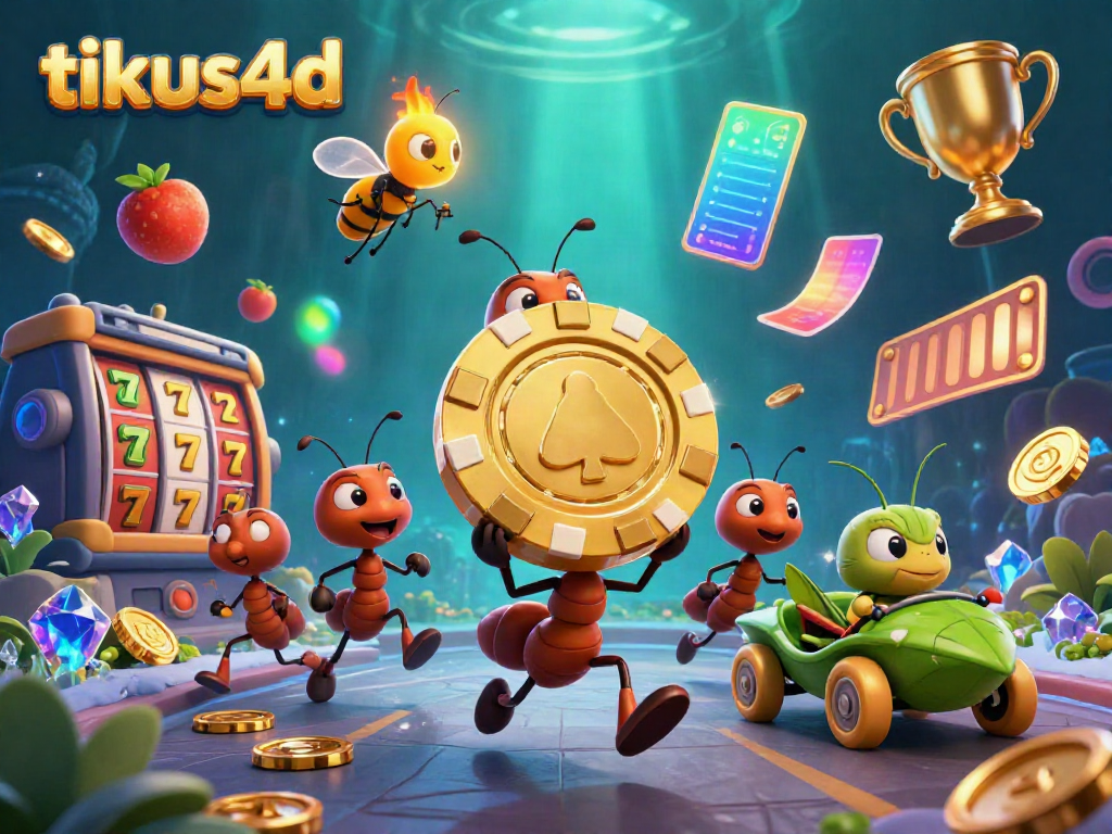 Tim tikus membawa chip poker raksasa di tikus4d, berlari melewati gulungan slot emas dan elemen kasino.