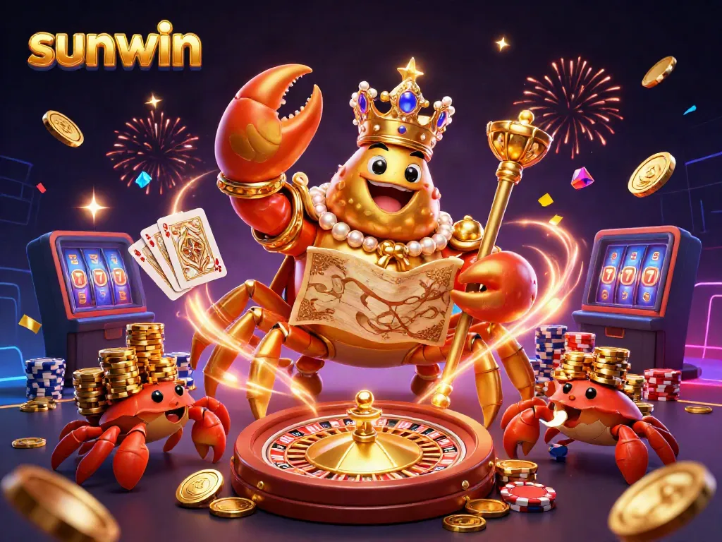 Experience the excitement of sunwin casino with the golden crab emperor surrounded by vibrant game elements.
