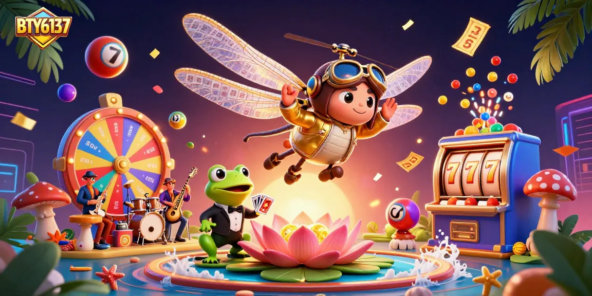 Engage in exciting gameplay with BTY6137 as a dragonfly pilot oversees a lively lily pad casino scene.
