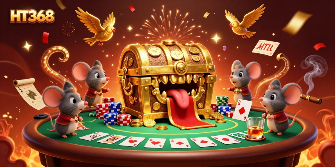 Experience the thrill of gaming at HT368 with poker and prize elements in a vibrant casino illustration.