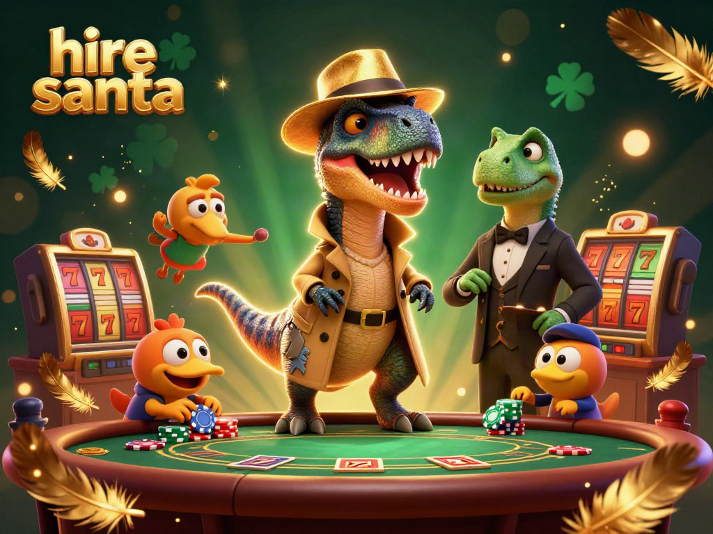 Experience the thrill of hire santa with this vibrant casino scene showcasing a velociraptor card counter.