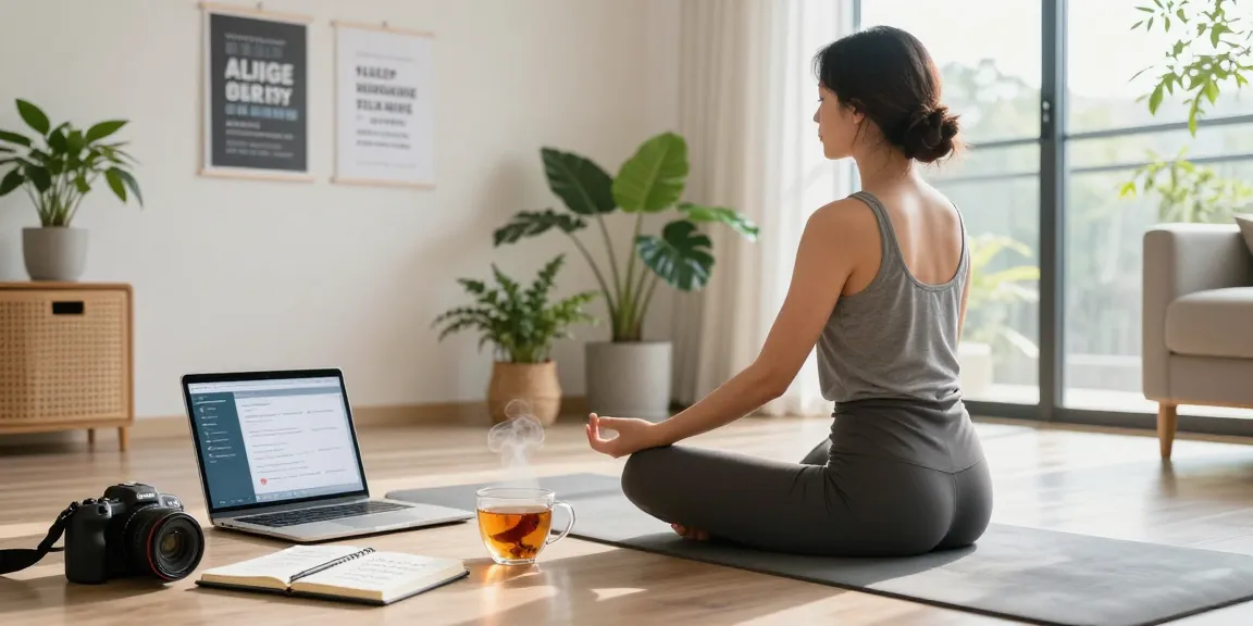 Motchill wellness scene, individual meditating in serene home office with natural light