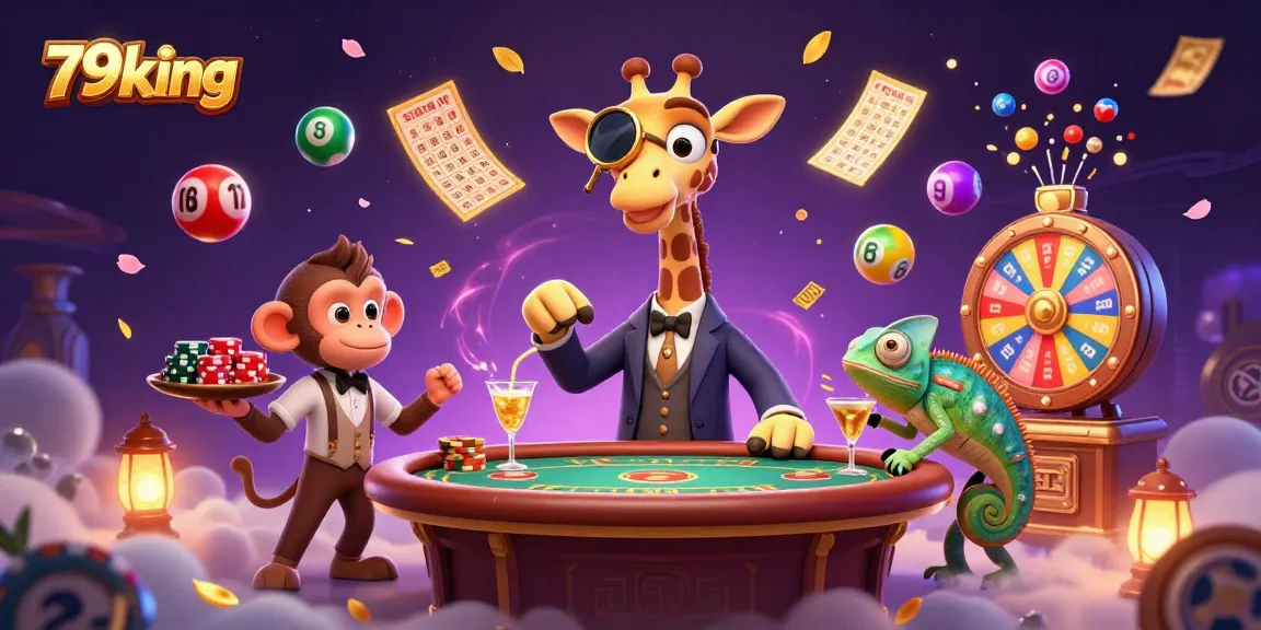 Engage with exciting games at 79king, featuring animated characters in a vibrant casino scene.