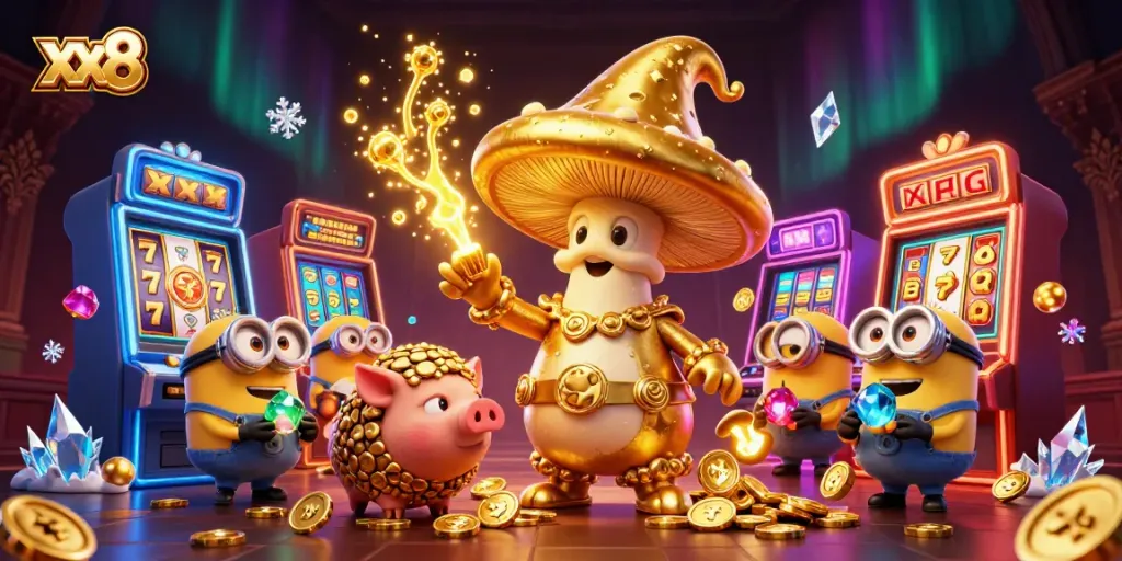 Win big at xx8 casino with a golden mushroom wizard and 3D slot machines igniting the casino magic.