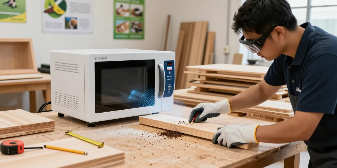 Shashel microwave technology effectively eliminating wood-boring insects in a professional workshop setting.