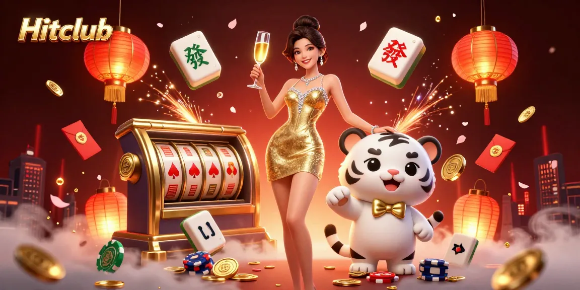 Hitclub's glamorous illustration celebrates casino themes, featuring a sparkling woman and lucky tiger cub.