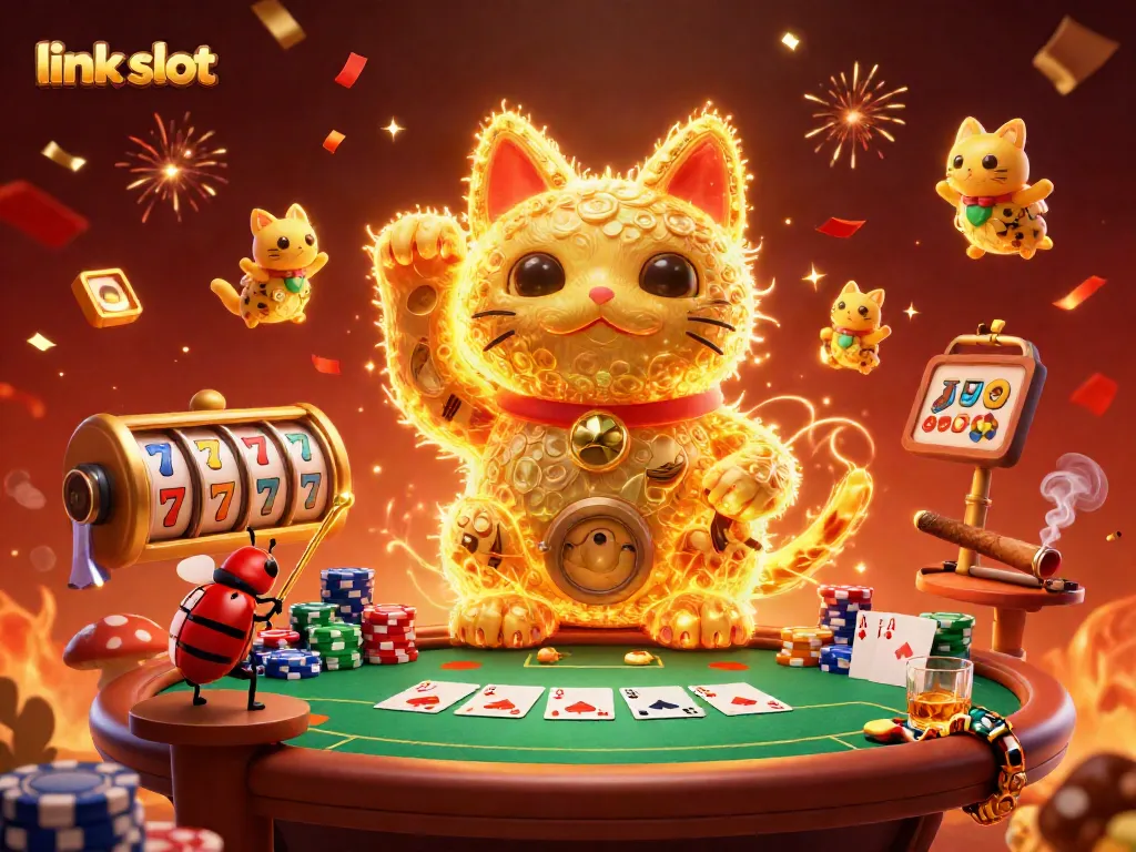 Engage with the excitement of link slot games in this vibrant casino illustration featuring lucky symbols and dynamic energy.
