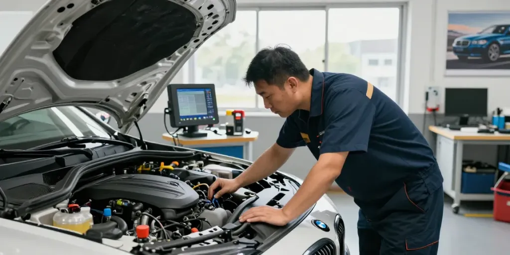 BMW Werkstatt in Hannover mit Mechaniker, der einen Motor überprüft und modernste Werkzeuge verwendet.