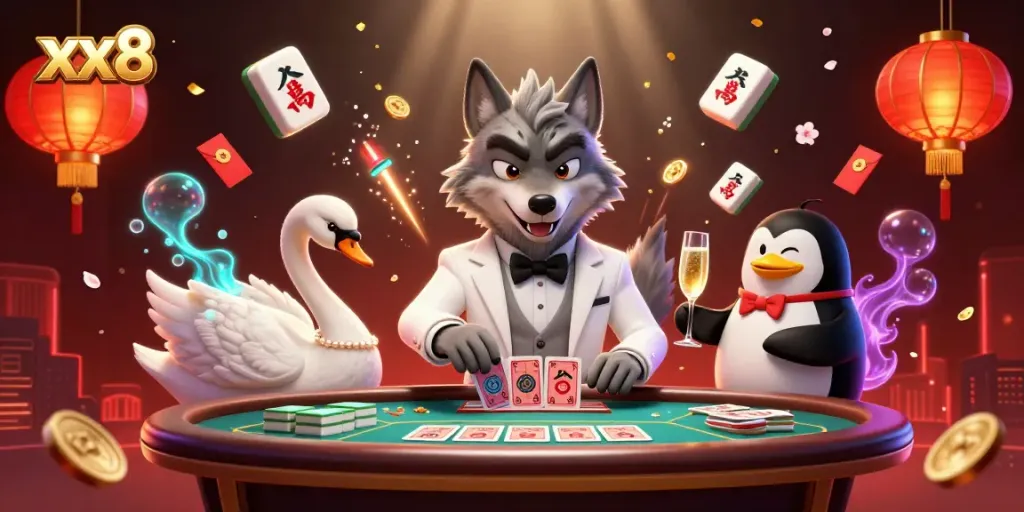 Experience the excitement of xx8 with an elegant game scene featuring a wolf, swan, and penguin.