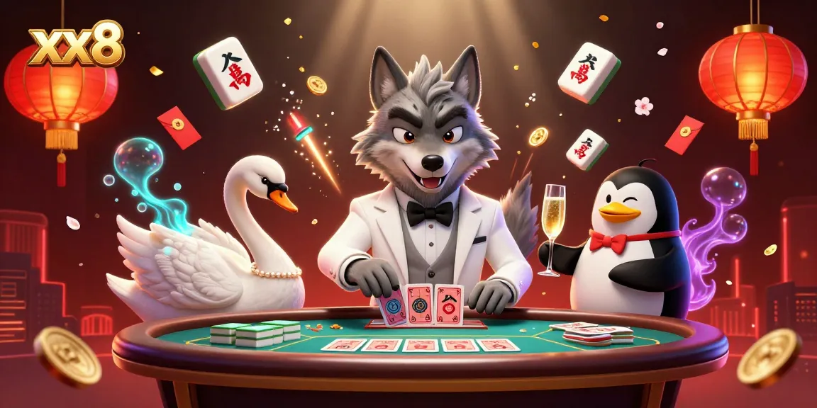 Experience the excitement of xx8 with an elegant game scene featuring a wolf, swan, and penguin.